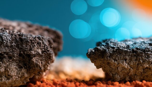 Close up of rough textured rocks with vibrant blue and orange bokeh lights background, macro nature detail