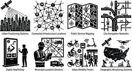 Obraz premium Smart city technology icons illustrating GPS positioning, connected infrastructure, public service mapping, and geographic monitoring systems