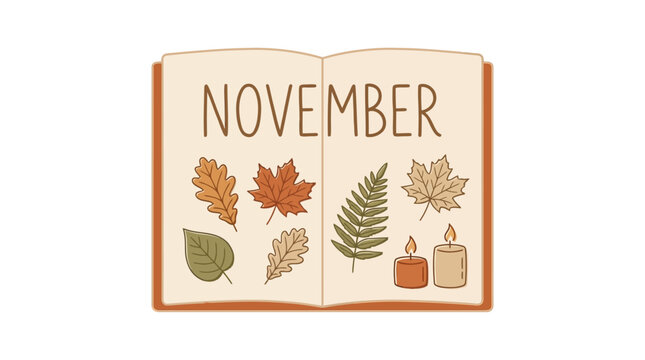 An illustration of an open book with November written on it surrounded by autumn leaves and candles
