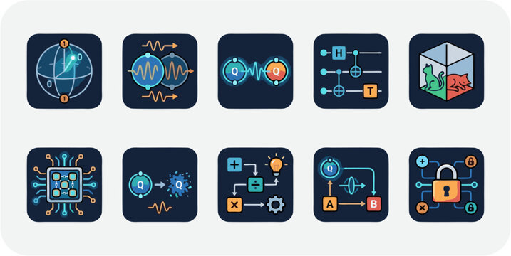 Modern Artificial Intelligence and Quantum Technology Icon Collection Vector Set