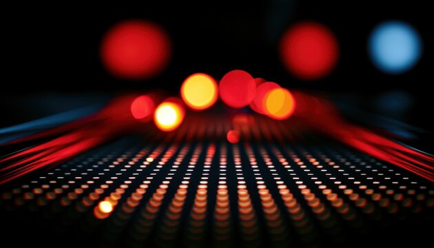Red LED lights array with deep perspective and bokeh effect vanishing into dark distance, data highway and speed concept