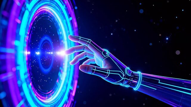 Futuristic robotic hand interacting with glowing interface