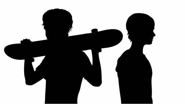 Two boys in silhouette one carrying skateboard on shoulder