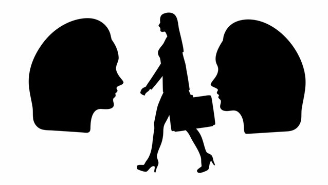 Professional woman walking between two giant heads
