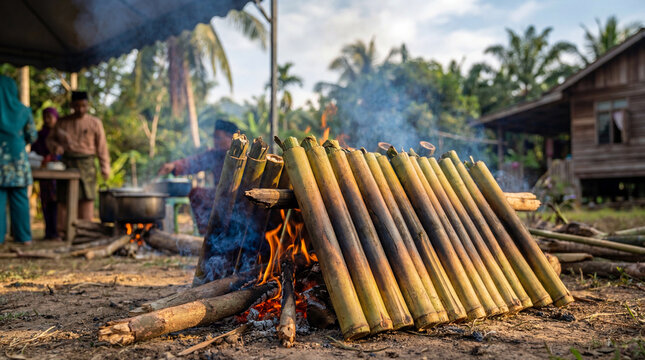 Lemang cooking over open flame