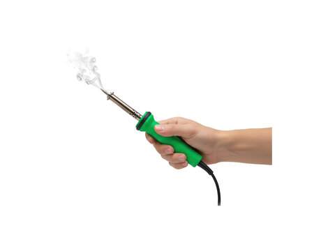 Hand holding soldering iron with smoke coming from tip, representing electronics repair and crafting