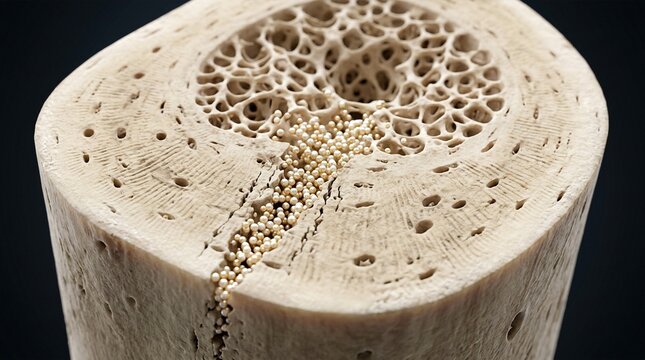 Close-up view of a cross-section of bone with trabecular bone structure and tiny spheres resembling cells or growth within the marrow cavity