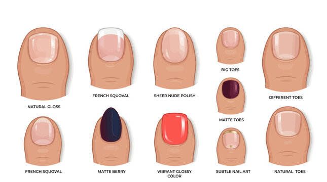 Premium toenail care collection with different nail shapes and polish gloss colors