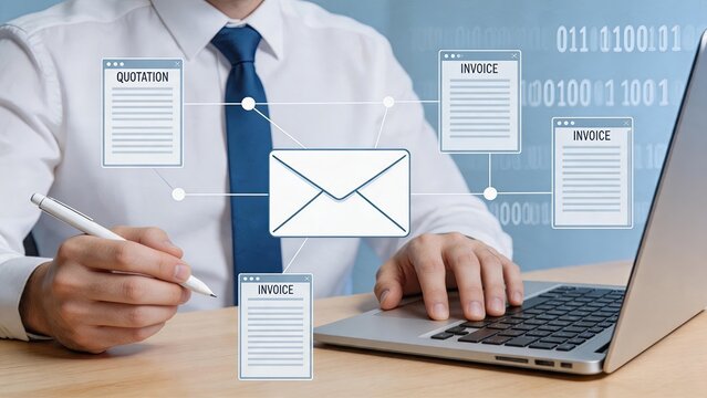 Man working on laptop with digital invoice and quotation documents, email communication, accounting workflow, billing and finance administration concept.