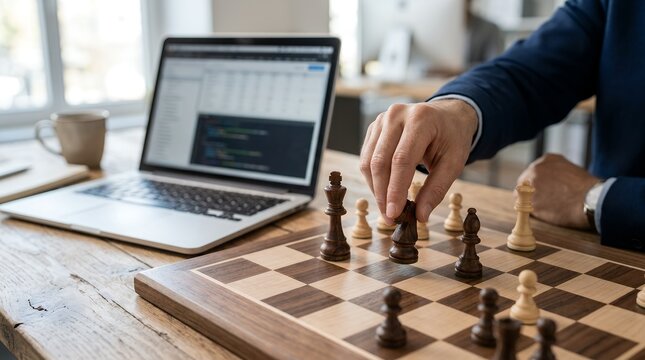 Businessman playing chess next to laptop with coding screen in office.