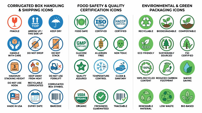 Packaging and shipping icons set, 36 corrugated box handling and food safety certification symbols, environmental green eco-friendly vector signs