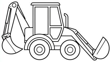 Fototapeta premium Simple black and white line drawing of a heavy construction backhoe loader vehicle isolated as a vector on white background