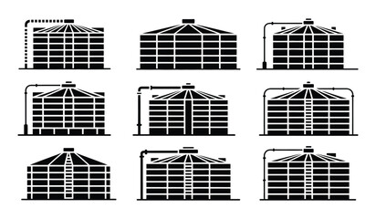 Grain silos bin storage tank farm icon vector set silhouette © Naimur creativehouse