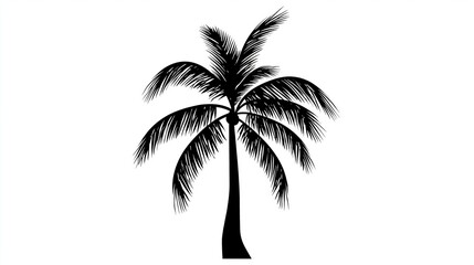 Fototapeta premium Detailed black silhouette of a tropical palm tree featuring sharp fronds and organic textures isolated on white background