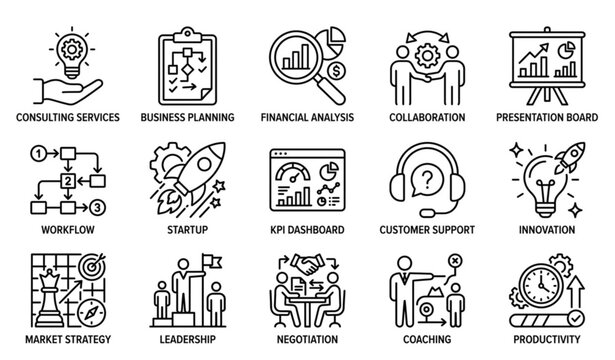 Modern business consulting outline icon collection for corporate and startup concepts
