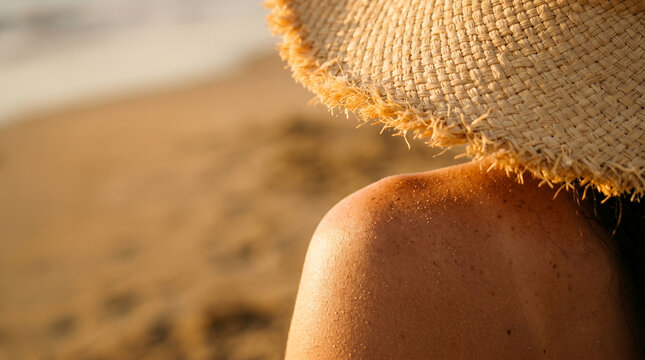 Sunlit bare shoulder of woman in straw hat at beach