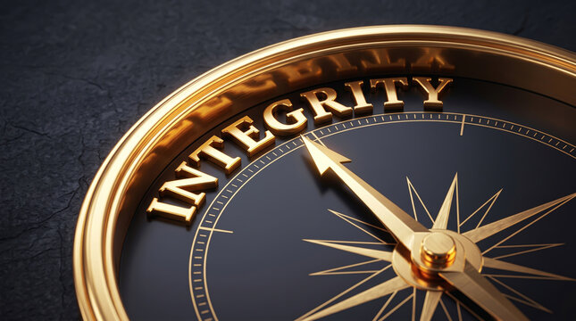 Metallic 3D typography shaped into integrity terminology within a gold-plated navigational dial, featuring a sharp pointer on dark slate texture.