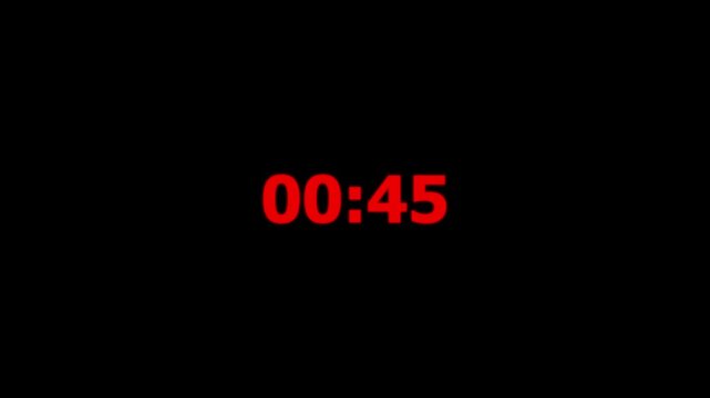 countdown animation, 50 seconds displays a timer counting down minutes and seconds on black background. 50 seconds countdown timer with alpha channel. 4k video