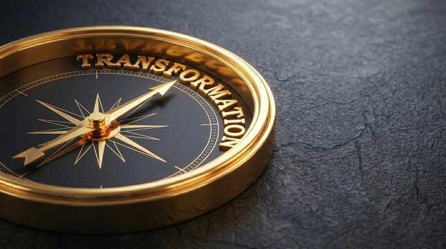 Close up view of a golden compass needle pointing towards the word transformation inscribed inside on a dark textured background