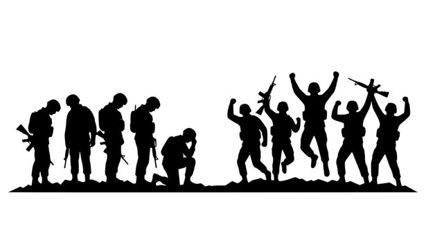 Military Troop Silhouette Set Showing Victory and Defeat Vector Illustration