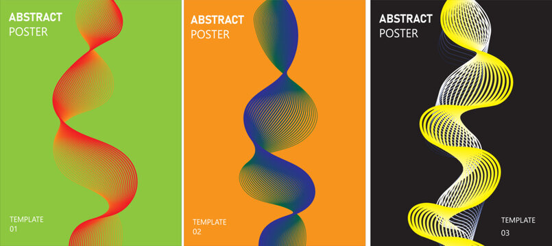 Abstract poster templates with colorful wavy line designs on green, orange, and black backgrounds isolated on transparent background