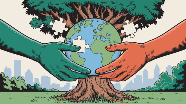 Hands holding a globe shaped like a puzzle piece in front of a tree represent global unity and environmental conservation.