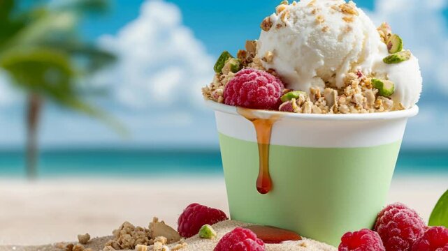 A delicious scoop of vanilla ice cream with raspberries and nuts sits on a sandy beach at midday.