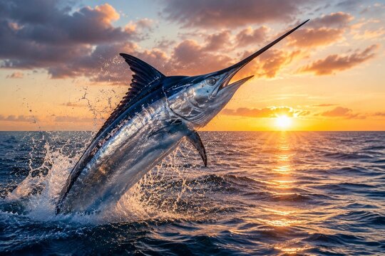 Marlin fish leaping from the ocean at sunrise, body glistening with water.
