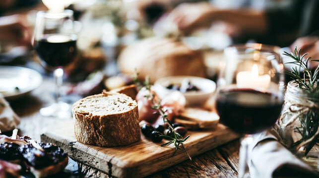 Rustic table setting with bread board and wine glasses at dinner party, lifestyle