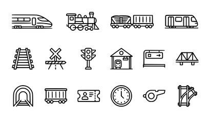 Railway Industry Outline Icon Collection with Train Transport and Railroad Infrastructure Vector Set © Leon