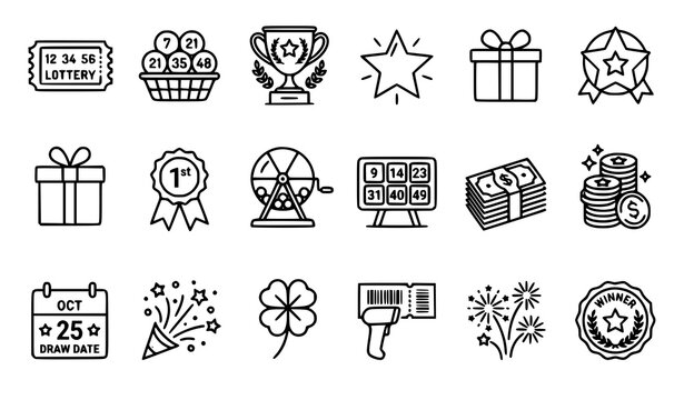 Thin Linear Lottery Icons Set with Lucky Draw Prize and Raffle Symbols Vector Collection