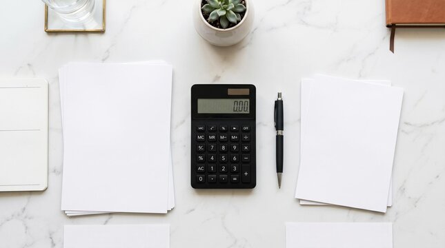 flat lay office desk with black calculator and blank white papers