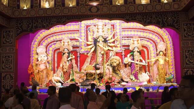 Devotees Admiring Durga Puja Pandal Decoration in Kolkata, India