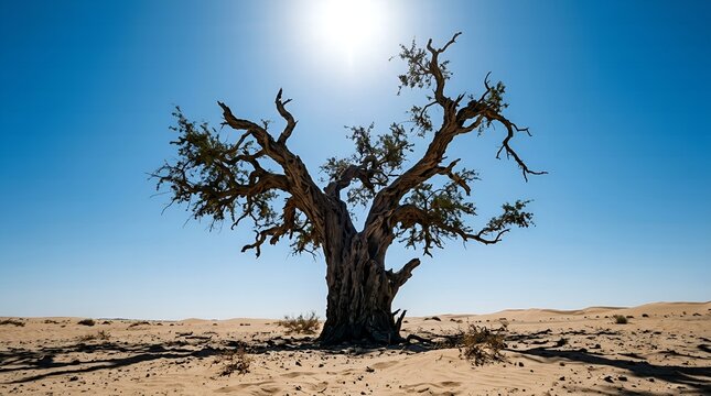 Lone Ancient Ghaf Tree Standing in Riyadh Desert at Midday Sun