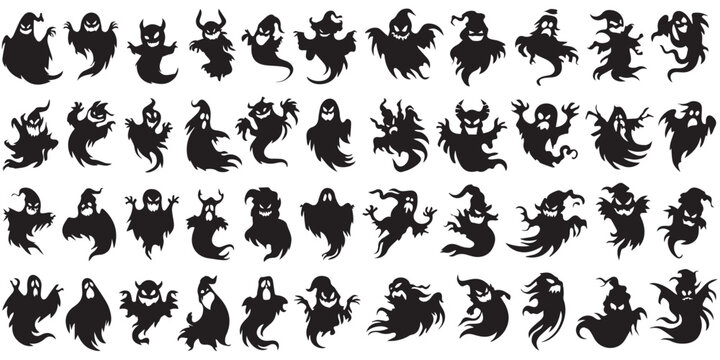 Halloween spooky ghost silhouettes mega set with scary and funny faces vector illustration