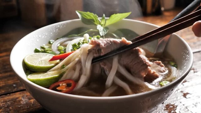 A steaming bowl of traditional beef pho noodle soup