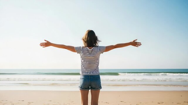 Rear view of a happy woman standing on the beach with her arms outstretched towards the ocean