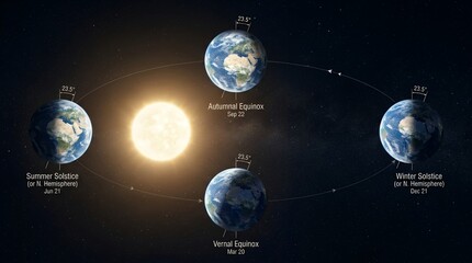 Earth orbit around the sun showing seasonal solstices and equinoxes diagram.