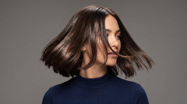 Glossy, well-groomed hair in motion or in a stylish hairstyle. The photo should be high-quality, sharp, detailed, and with a isolated background.