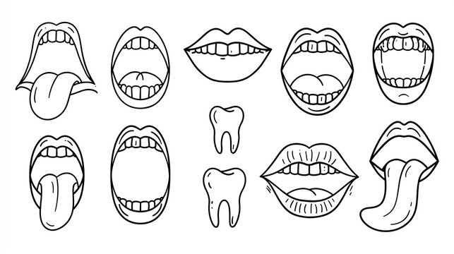 Set of black and white line art drawings featuring various human mouths teeth and tongues displayed on white background