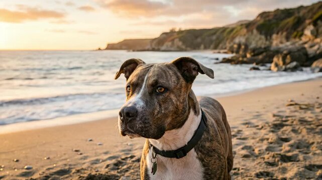 american pit bull terrier on huntington beach california golden light close up video