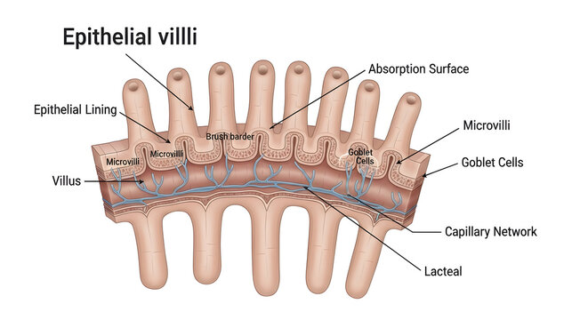 Detailed diagram of epithelial villi for medical education and anatomy studies