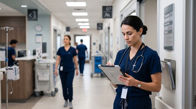 Nurse in hospital corridor with tablet and stethoscope checking patient records on editable svg.