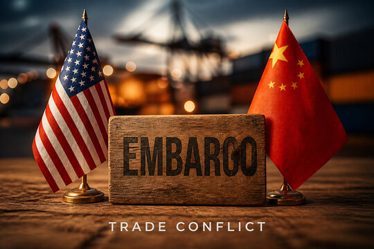 American and Chinese flags flank a wooden sign reading EMBARGO in a dimly lit setting.