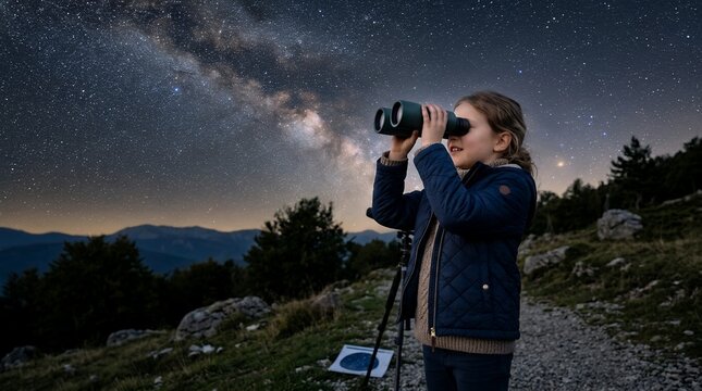 Young girl looking through binoculars at the night sky with milky way galaxy.