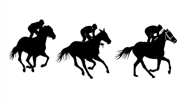 Three detailed black silhouettes of jockeys riding fast galloping horses during a competitive race displayed isolated on white background