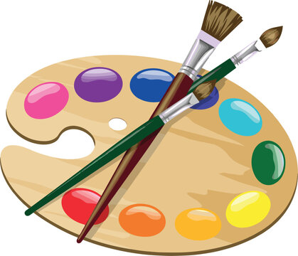 Wooden artist palette with colorful acrylic paint drops and paintbrushes, creative hobby concept vector illustration