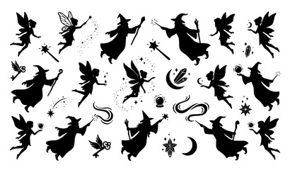 Fototapeta premium Flying Fairies and Wizard Magic Silhouette Collection Fantasy Adventure Vector Icons Isolated on White