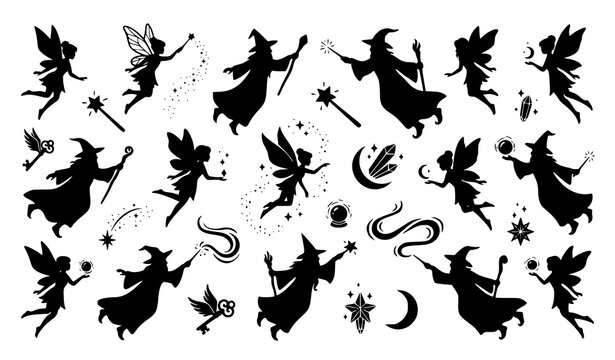 Flying Fairies and Wizard Magic Silhouette Collection Fantasy Adventure Vector Icons Isolated on White