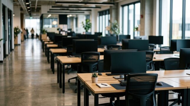 Modern open plan office interior with multiple desks and computers